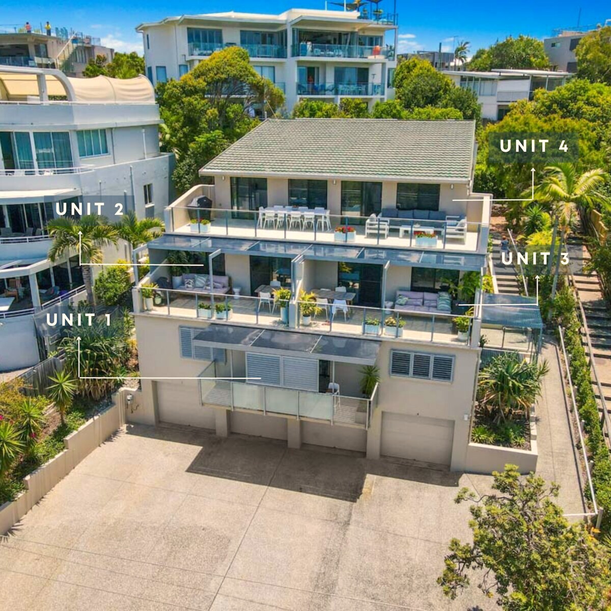 Aerial of Crystal Shores showing where Unit 1, Unit 2, Unit 3 and Unit 4 sit within the building